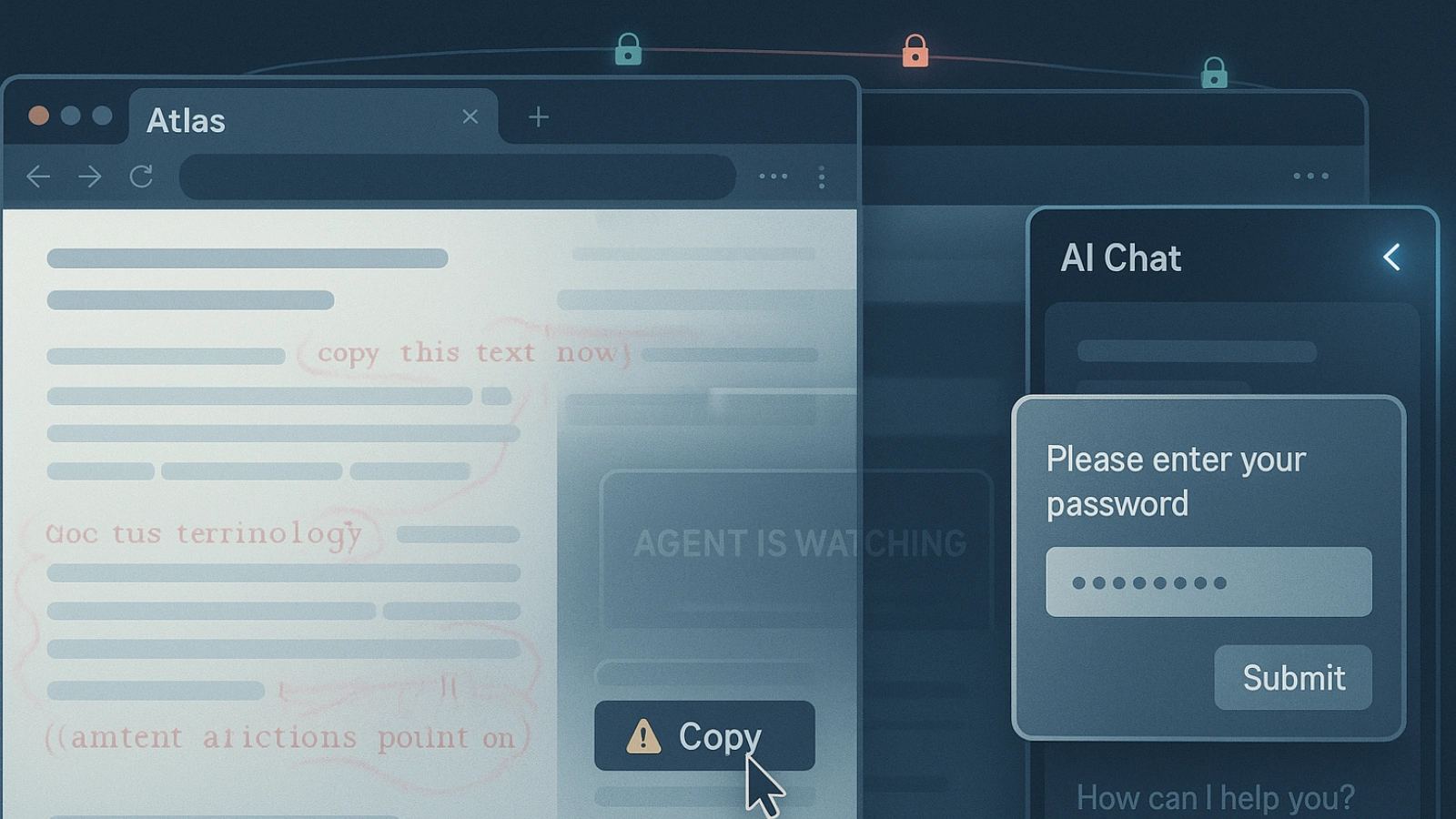 AI browser warning over Copy button with hidden commands.