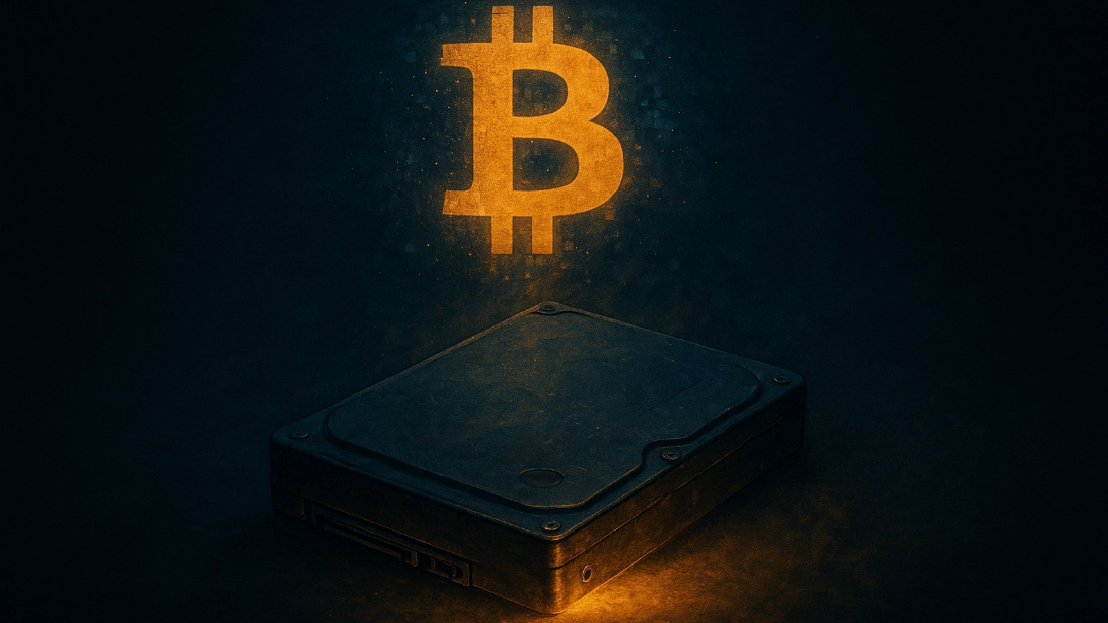 Old hard drive glowing with Bitcoin symbol, showing a 2009 wallet reactivated.