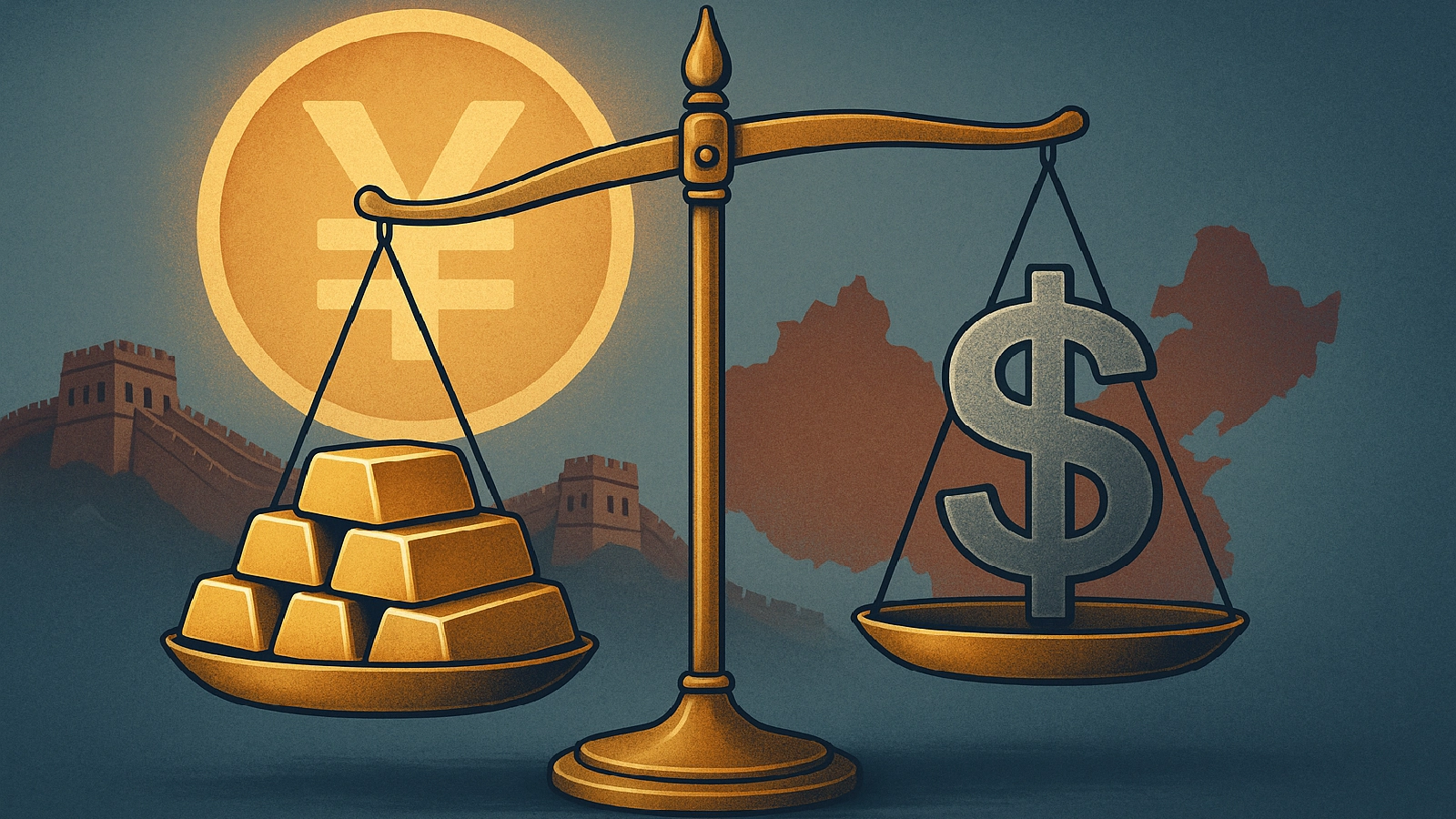 Gold bars and a dollar symbol on a scale with China’s yuan sign in the background, showing shifting reserves.