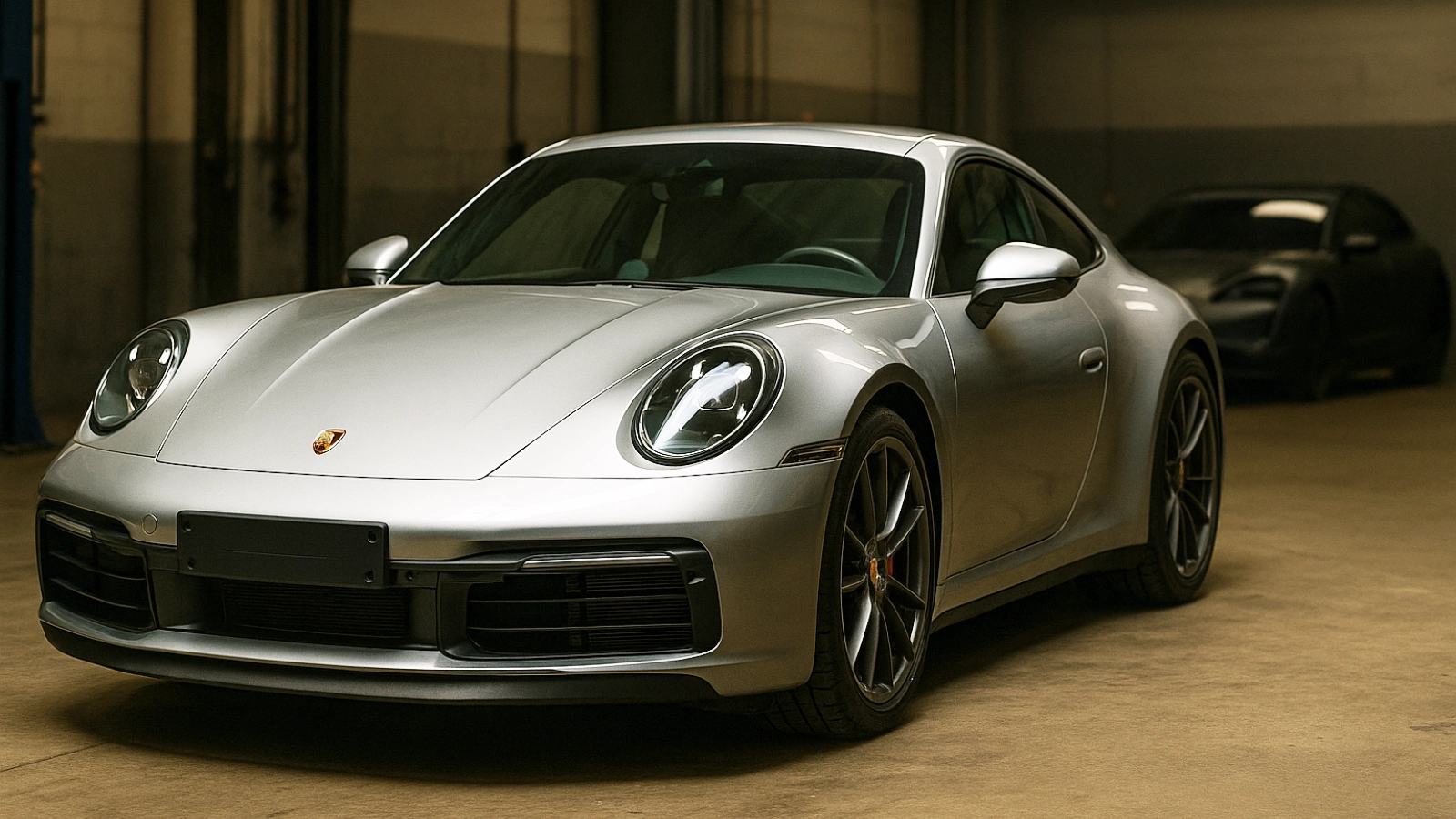 Silver Porsche 911 in a dim garage, reflecting a pause in Porsche’s EV push.