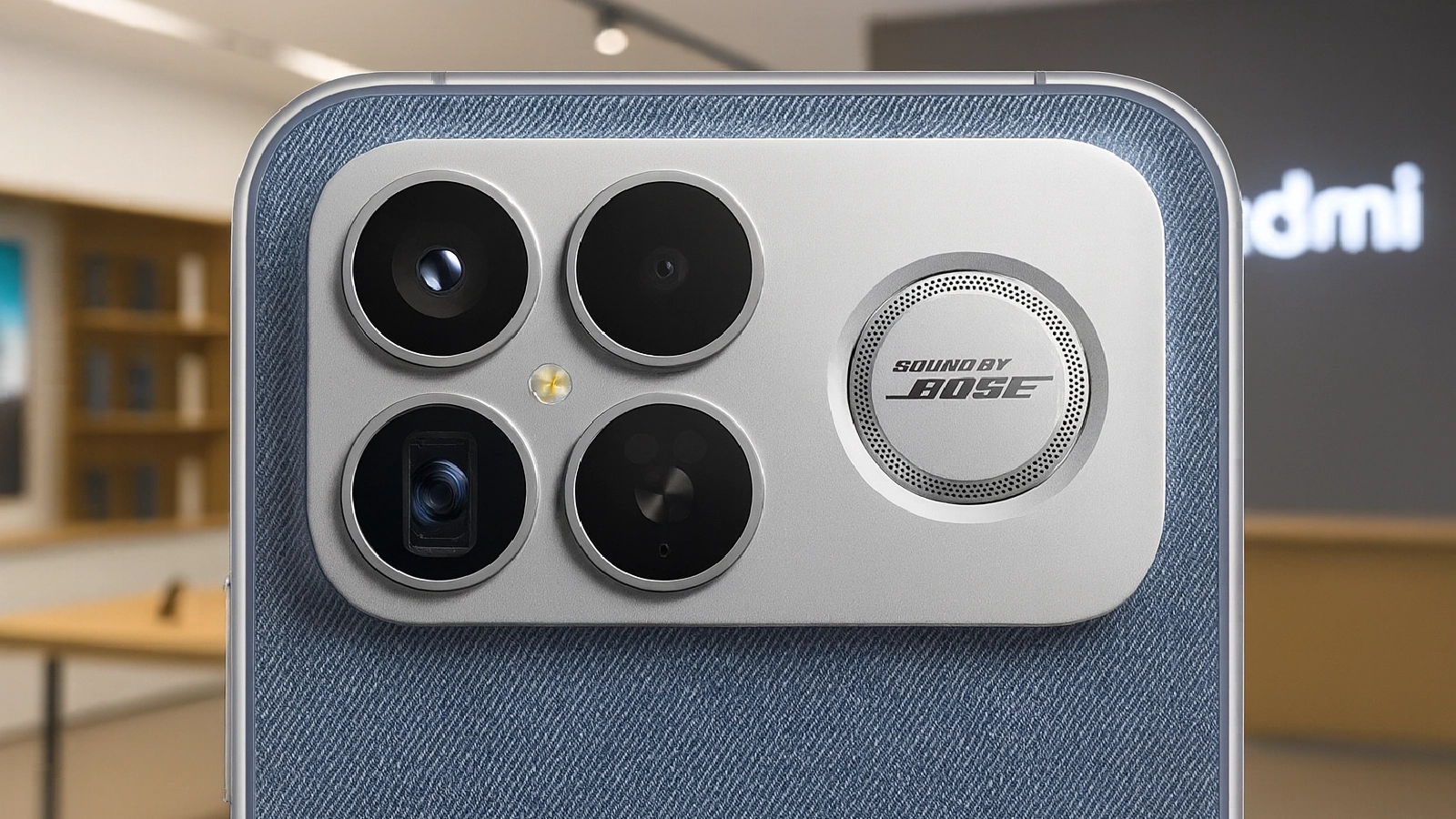 Close-up of Redmi K90 Pro Max camera module featuring Bose speaker integration.