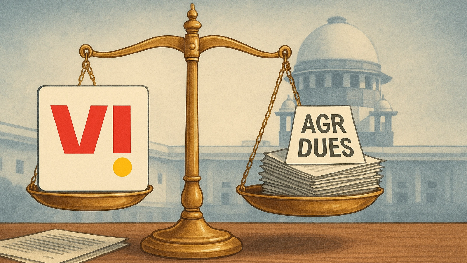 Balance scale showing Vodafone Idea logo and AGR dues papers before Supreme Court backdrop.