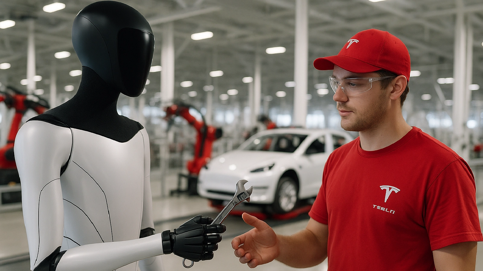 Optimus robot handing a wrench to a Tesla worker in a factory.