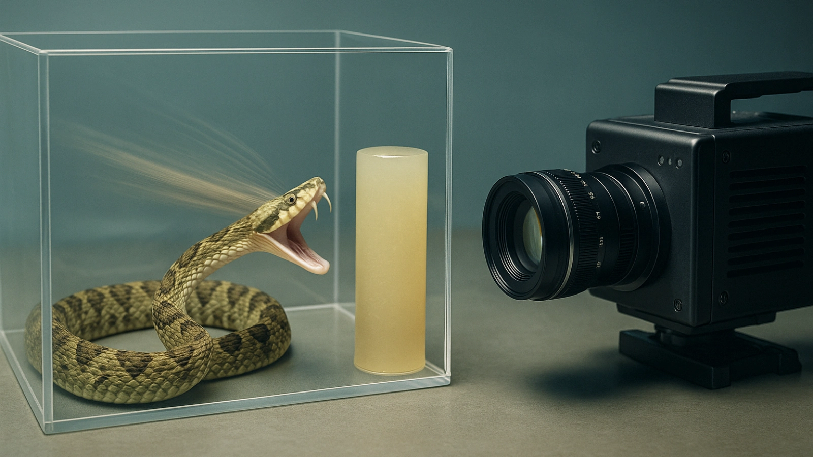 Snake striking a gel target in a lab, filmed with a high-speed camera.
