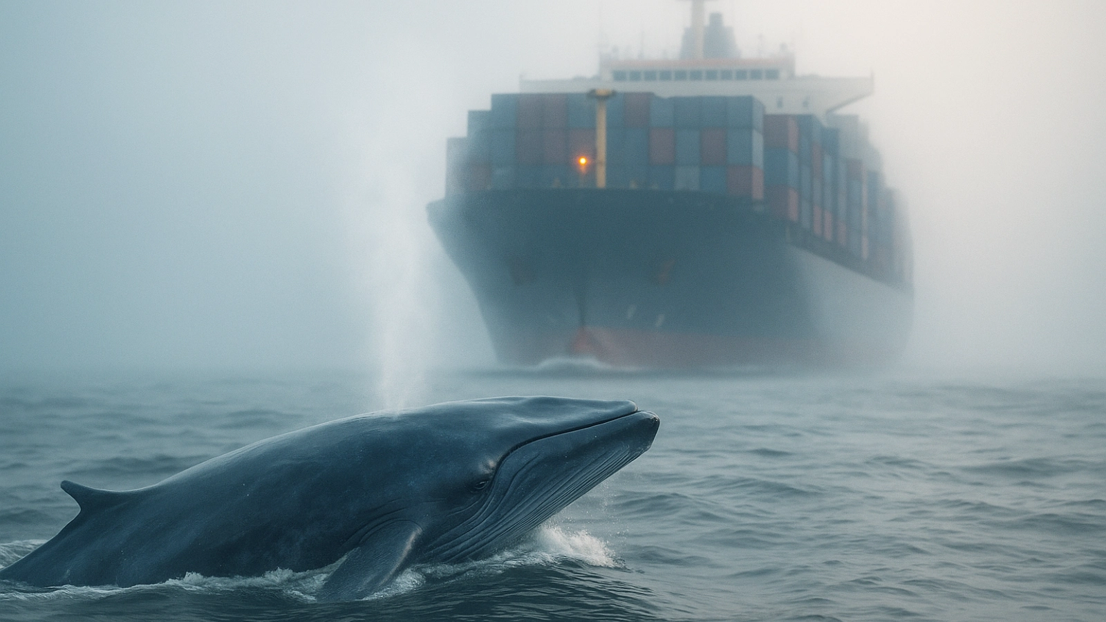 Blue whale near cargo ship in misty water.