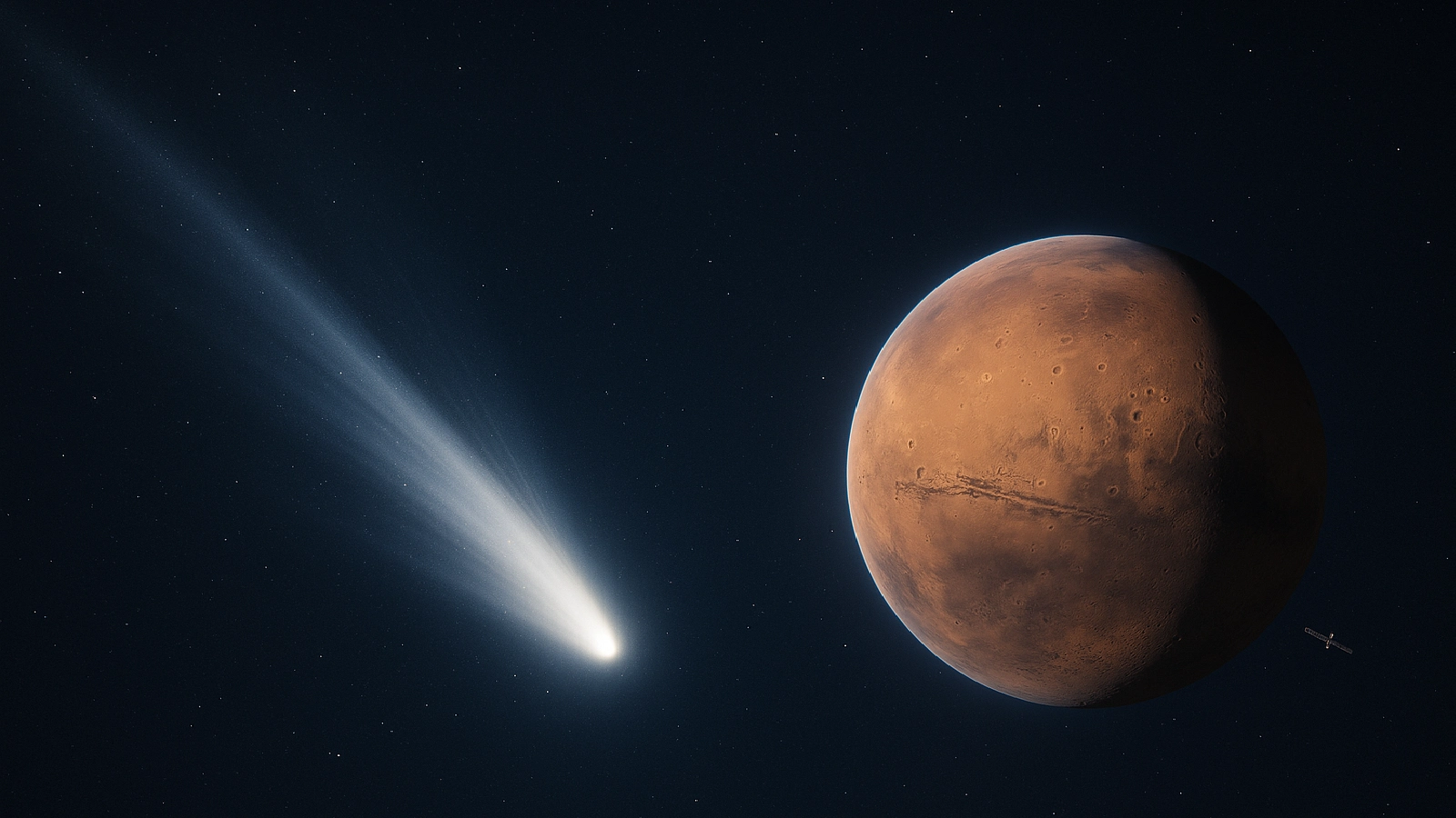 Illustration of Comet 3I/ATLAS passing near Mars, with a bright white tail and a reddish Martian surface in view against a dark starry background.