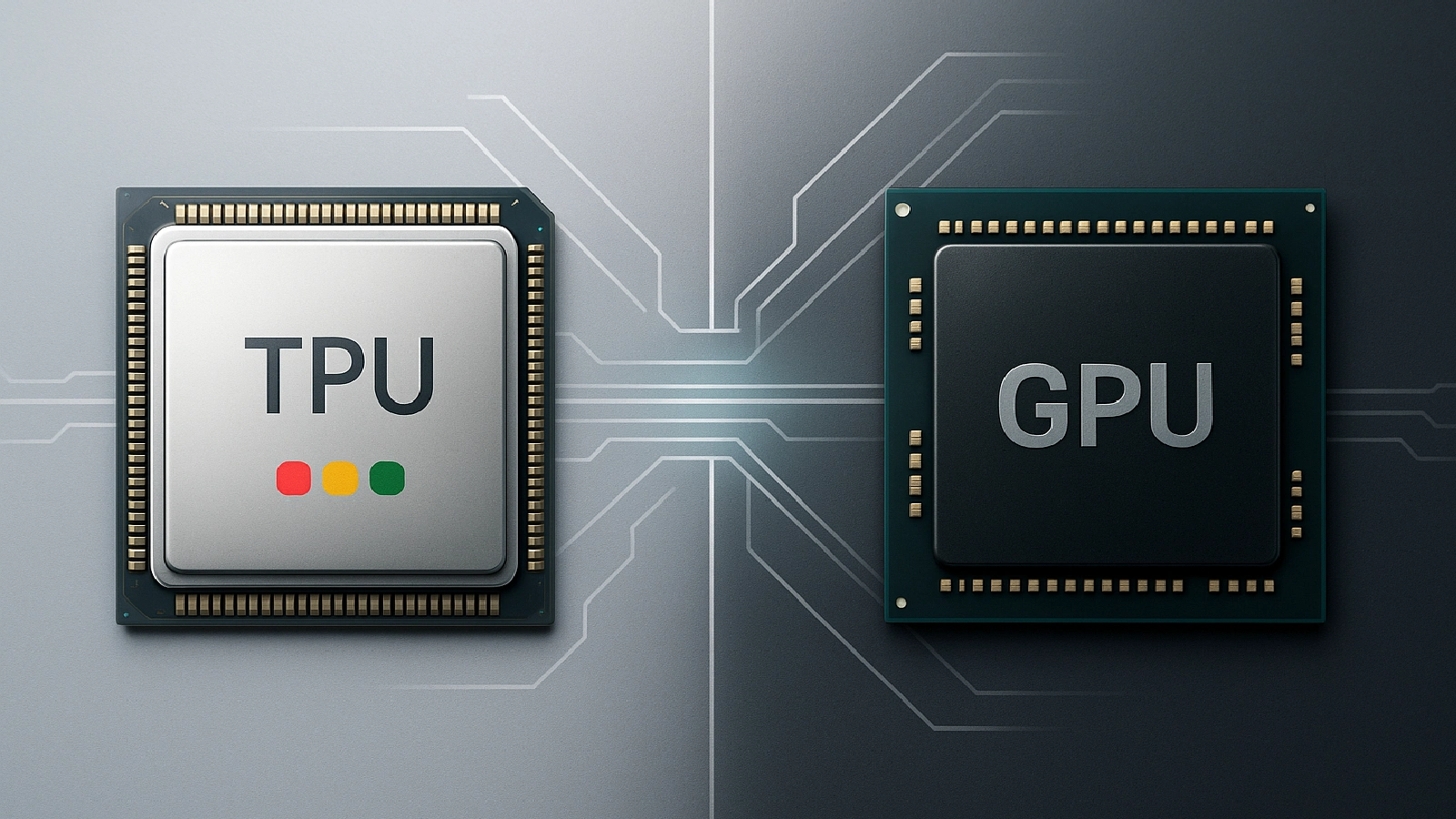 TPU and GPU chips side by side, symbolizing Google’s challenge to Nvidia in AI hardware.