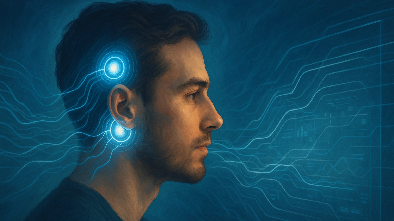 Illustration of a man with two glowing Neuralink-style brain implants connected to a digital interface, symbolizing advanced neural technology and enhanced communication speed.