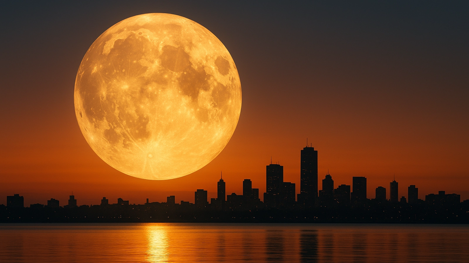 Golden supermoon rising above city at dusk.
