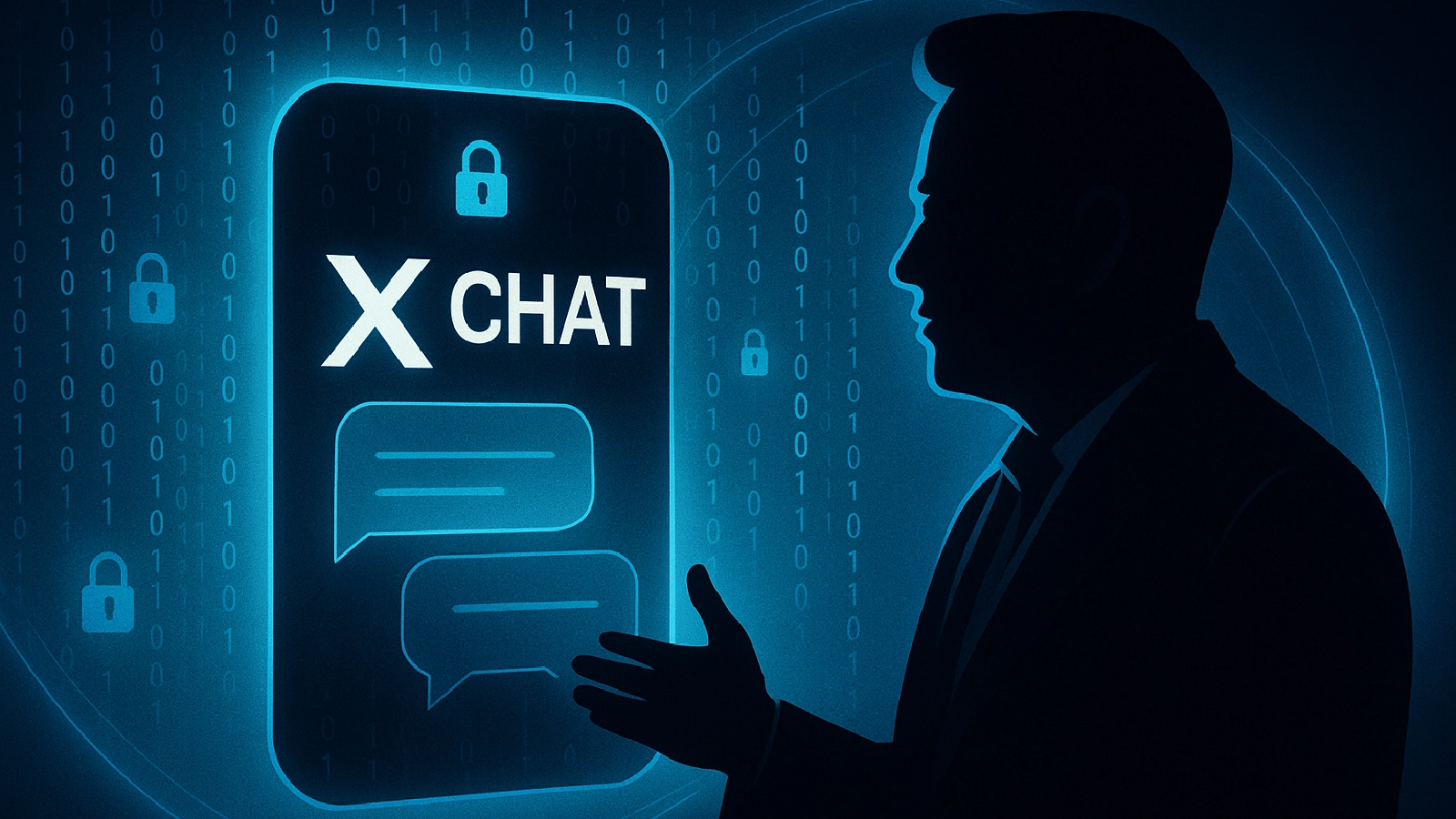 Musk silhouette facing glowing “X Chat” screen with lock icons.