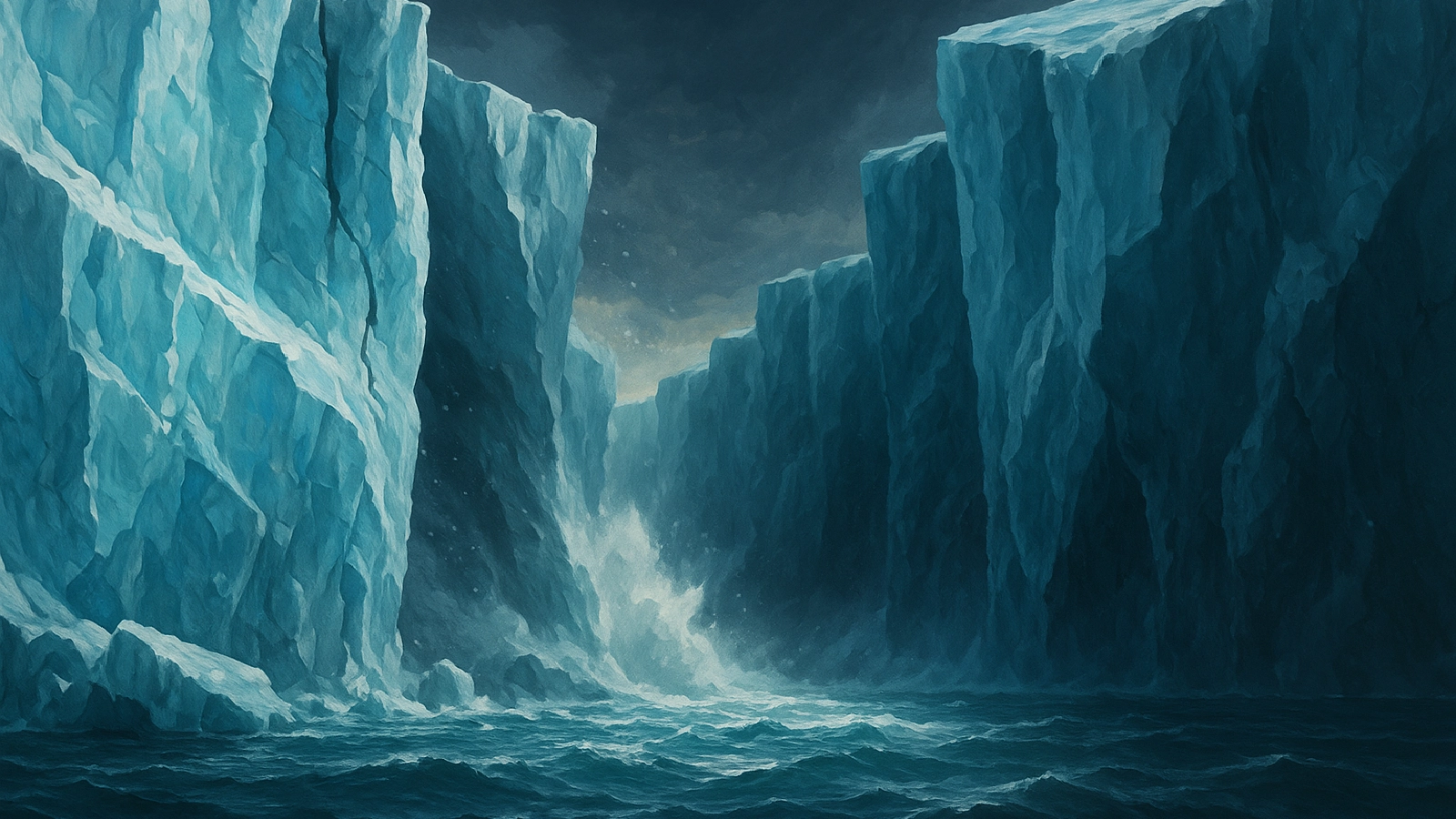 Digital mixed-style image of towering blue ice cliffs at Thwaites Glacier with water surging between them under a dark, stormy sky, representing Antarctic ice melt and rising sea levels.
