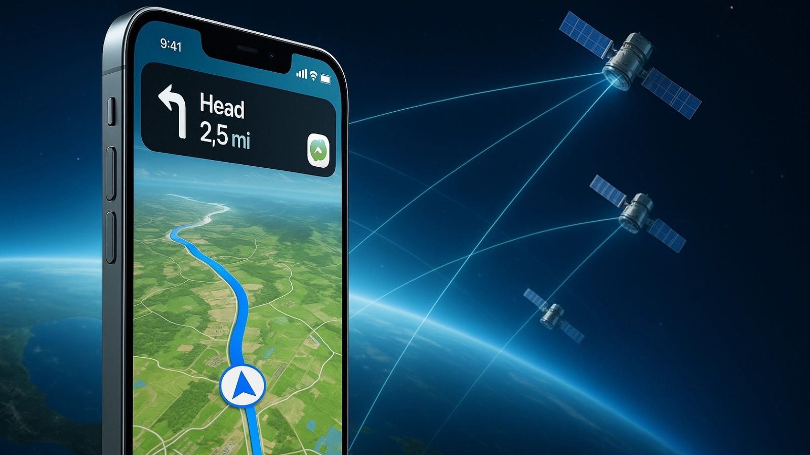 An iPhone displaying Apple Maps connected to orbiting satellites in space, symbolizing Apple’s upcoming satellite-powered features for off-grid navigation and communication.