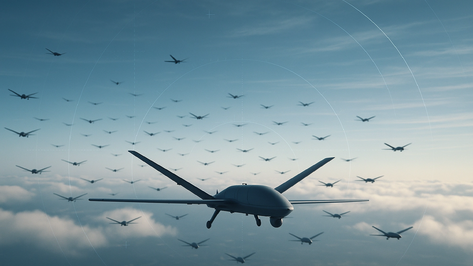 Drones flying in formation above clouds.