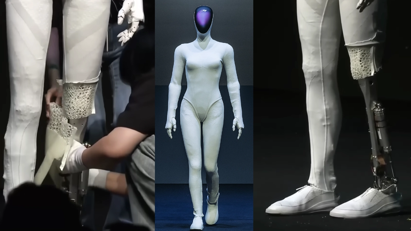 XPeng engineers unzip and cut into the IRON humanoid robot on stage, revealing internal mechanical parts to demonstrate it’s a real robot.