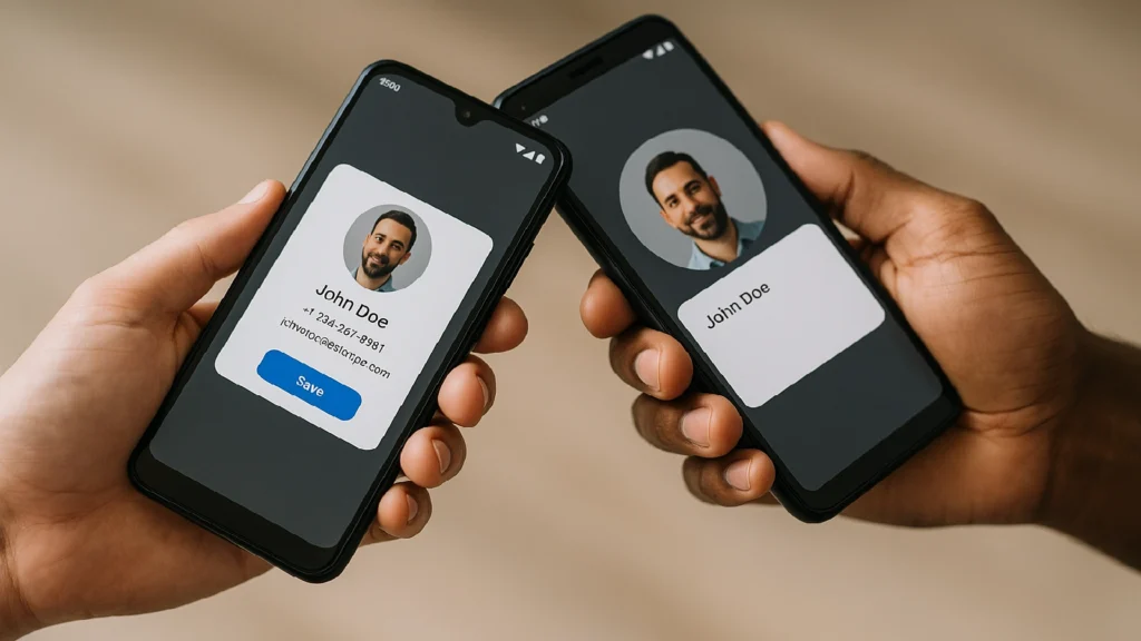 Two people hold Android smartphones close together as an on-screen contact card appears, illustrating Google’s new NFC-powered Contact Exchange feature.