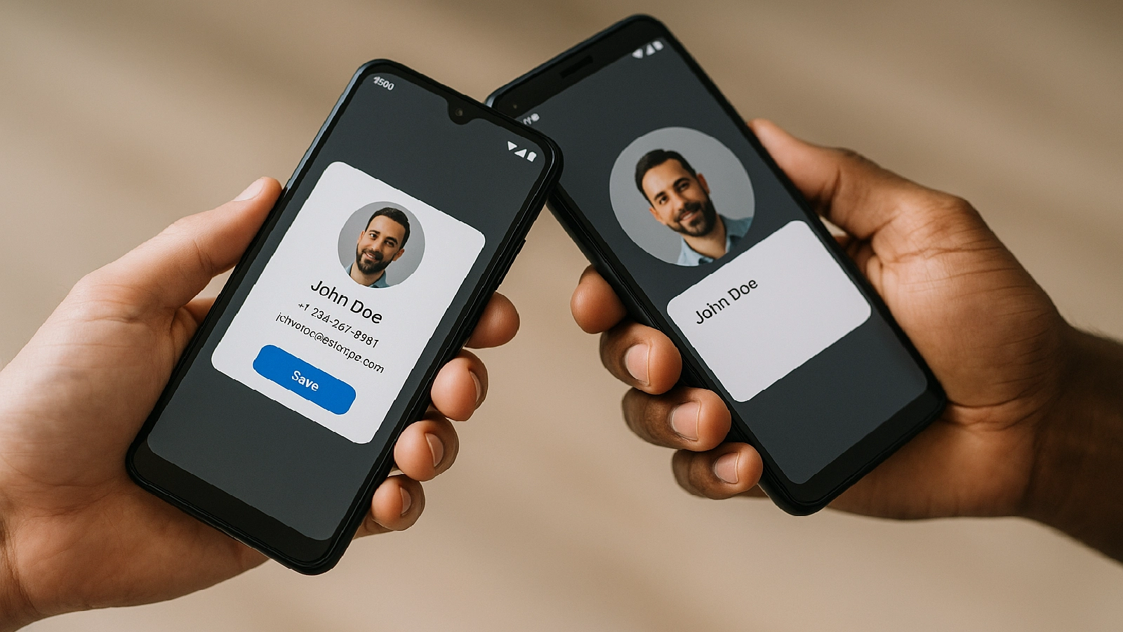 Two people hold Android smartphones close together as an on-screen contact card appears, illustrating Google’s new NFC-powered Contact Exchange feature.