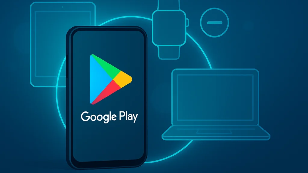 A smartphone displaying the Google Play Store logo connected by glowing lines to outlines of a tablet, smartwatch, and laptop, representing remote app uninstallation across devices.
