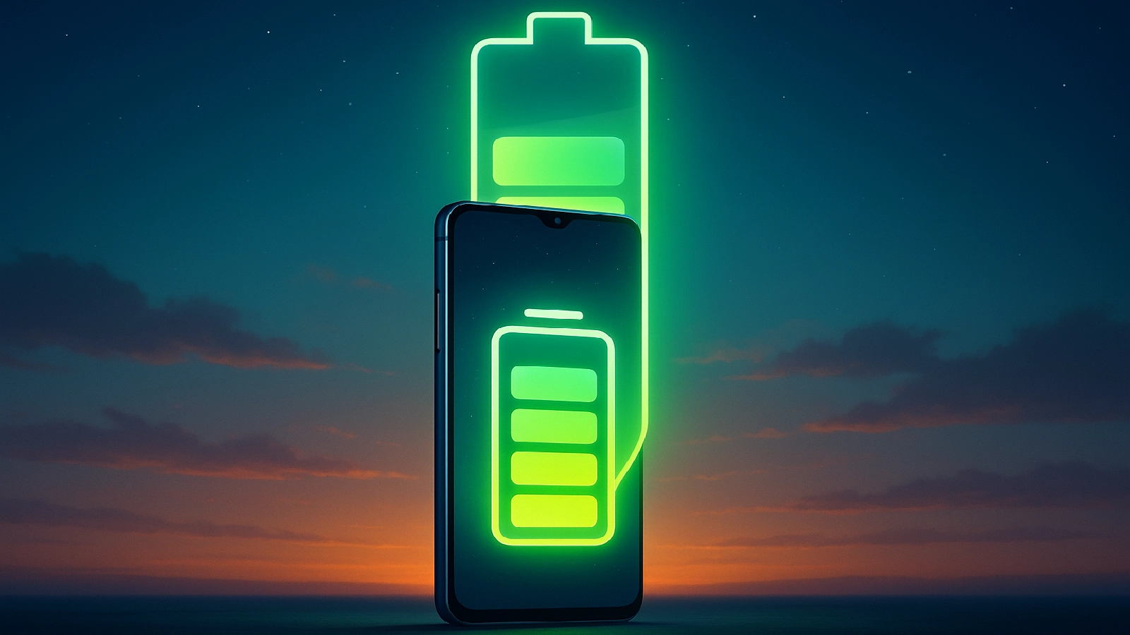 Representation of a modern smartphone displaying battery icon showing full charge, representing good battery backup smartphones
