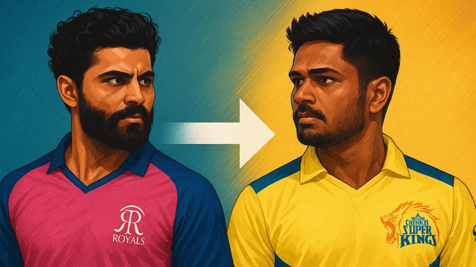 Illustrated split-screen showing Ravindra Jadeja in a Rajasthan Royals jersey on the left and Sanju Samson in a Chennai Super Kings jersey on the right, with a white arrow between them symbolizing their major IPL 2026 trade.