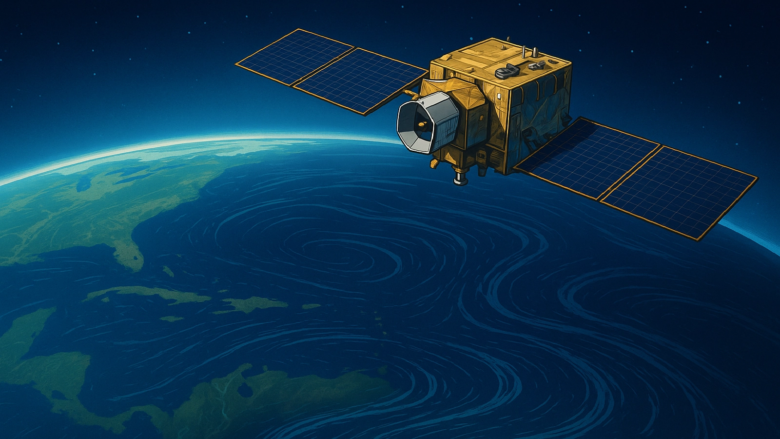 Illustration of the Sentinel-6B ocean-tracking satellite orbiting above Earth, with swirling ocean patterns visible on the planet’s surface below.
