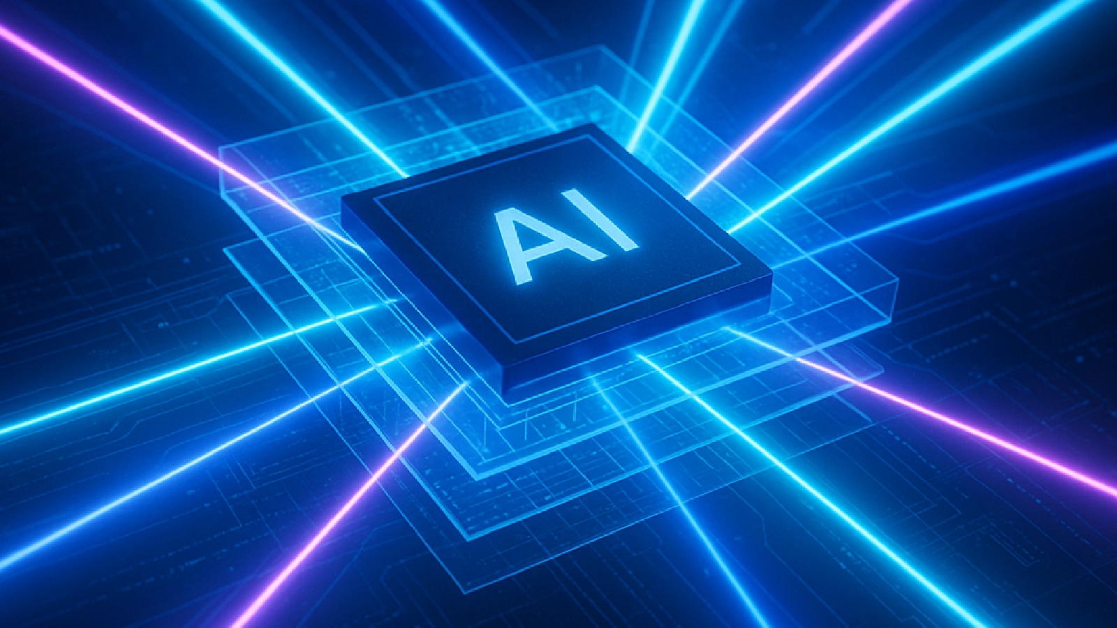 Illustration of a futuristic optical chip with blue and violet light beams representing ultra-fast AI processing.