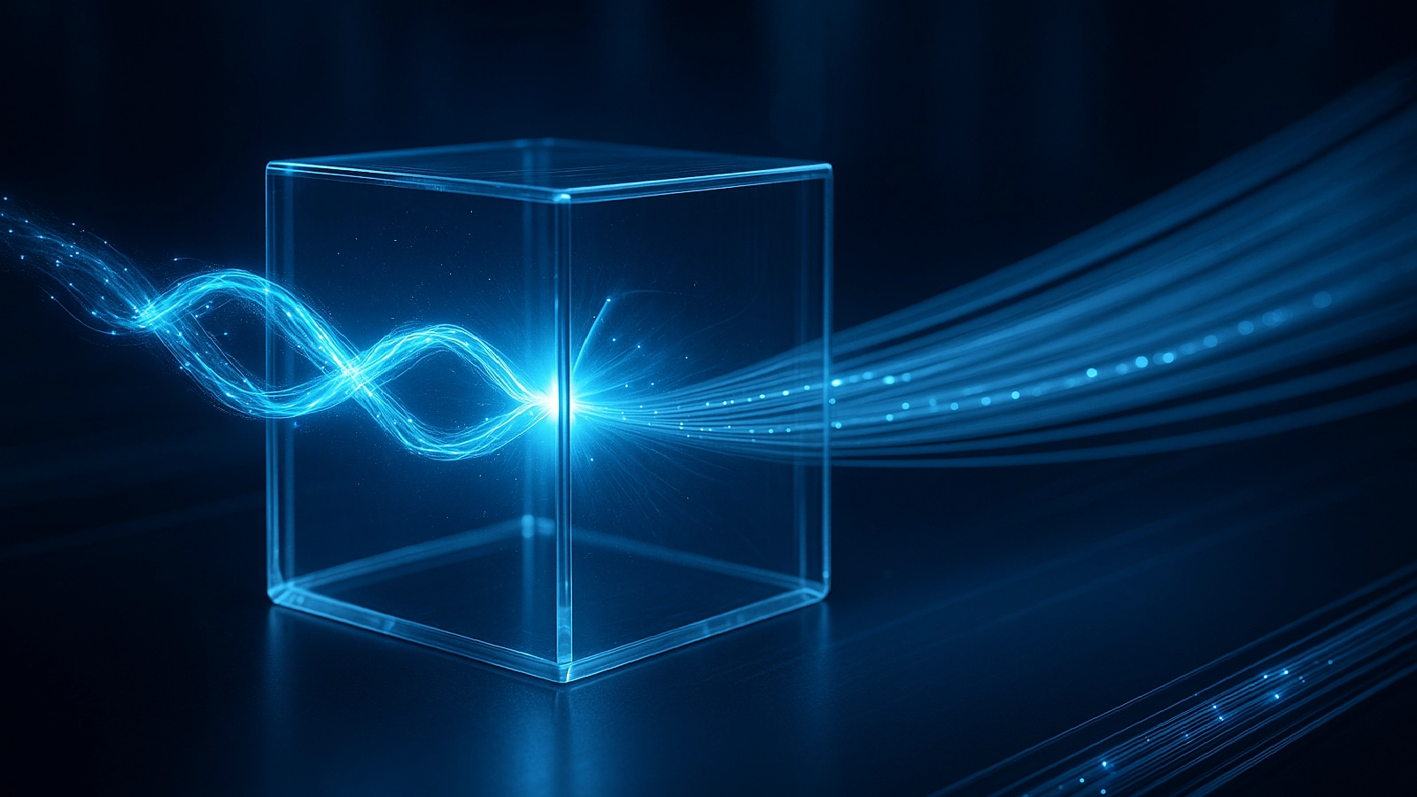 Glowing blue light strands emerging from a transparent cube, symbolizing quantum communication.