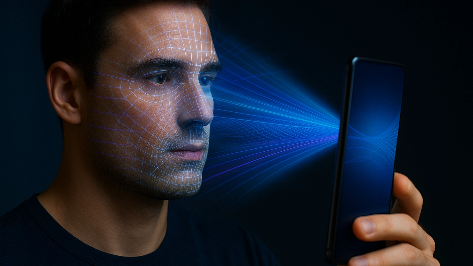 Concept of a man unlocking his smartphone as blue polarized light beams map his face, illustrating Samsung’s new Polar ID facial recognition technology.