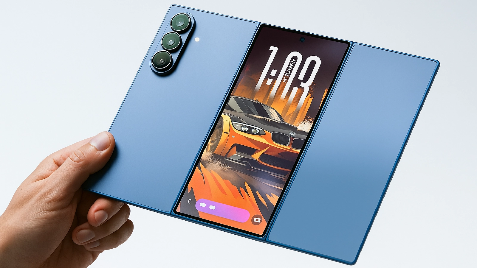 Samsung Galaxy Z TriFold smartphone fully unfolded showing its large triple-fold display.