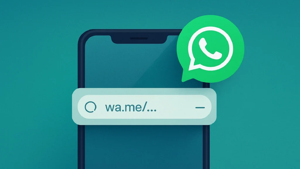 Illustrated smartphone with a browser bar showing “wa.me/…” and a WhatsApp chat icon, representing the Click to Chat method for messaging without saving a phone number.