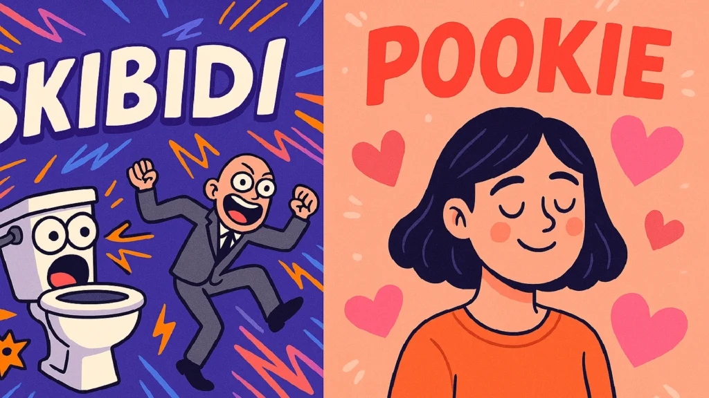 Split illustration showing the contrast between “Skibidi” — a chaotic, meme-inspired scene with vibrant colors and animated characters — and “Pookie” — a warm, affectionate vibe featuring a calm, smiling woman surrounded by hearts.