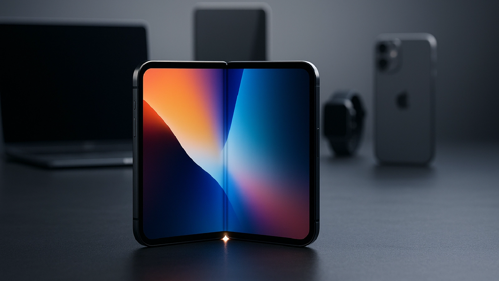 Foldable iPhone on desk with other Apple devices in background.