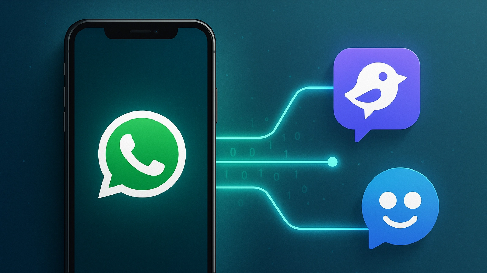 Illustration of a smartphone with the WhatsApp logo connected by glowing lines to two third-party messaging app icons, symbolizing new cross-app messaging in the EU.